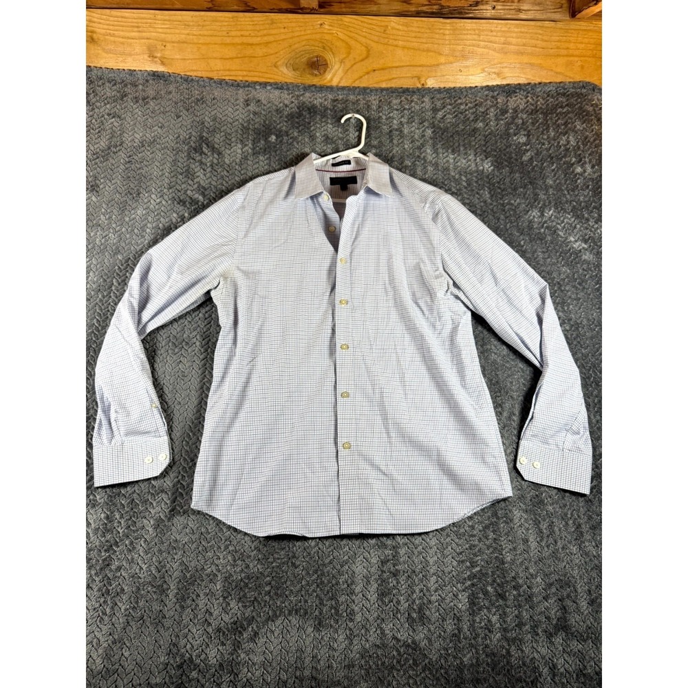 Banana Republic Untucked Fit Dress Shirt Mens L 16-16.5‎ White Blue Check Formal